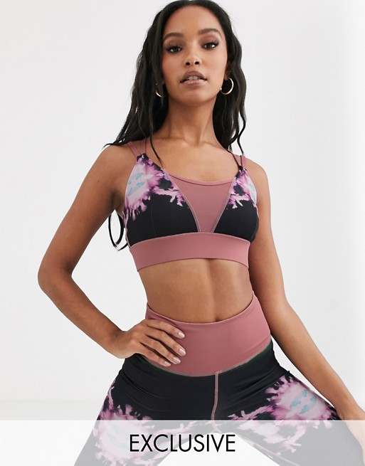 Wolf & Whistle tie dye sports bra with mesh panel in pink