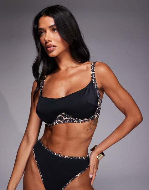 Wolf & Whistle - Top bikini nero con ferretto nascosto e stampa leopardata a contrasto - view 1