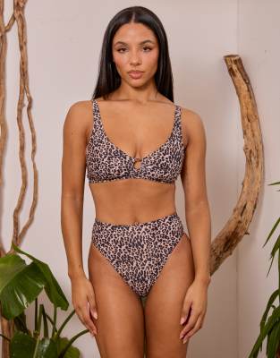 Wolf & Whistle x Georgia Bayliss - Fuller Bust - Bikinihose mit hoher Taille und Leopardenmuster-Brown
