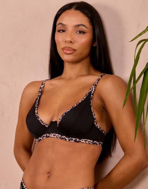 Wolf & Whistle x Georgia Bayliss – Fuller Bust – Bügel-Bikinioberteil in Schwarz mit Leopardenmuster-Borte, 2 von 4