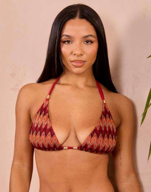 Wolf & Whistle x Georgia Bayliss - Poitrines généreuses - Haut de bikini triangle en maille à chevrons - Marron multicolore, 3 de 4