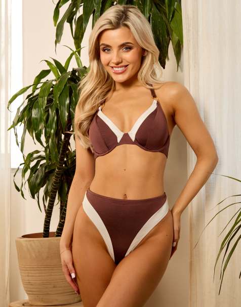 Wolf & Whistle x Isabella Whittingham - Bas de bikini à taille haute et bords contrastants - Marron - view 1