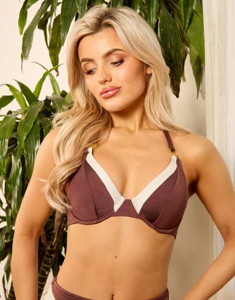 Wolf & Whistle X Isabella Whittingham - Bikinitopje met beugel en contrasterende rand in bruin - view 1