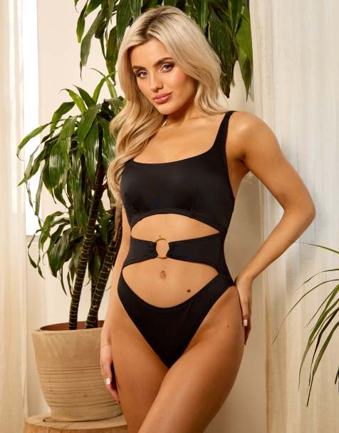 Wolf & Whistle X Isabella Whittingham cut out ring front swimsuit in black - view 1