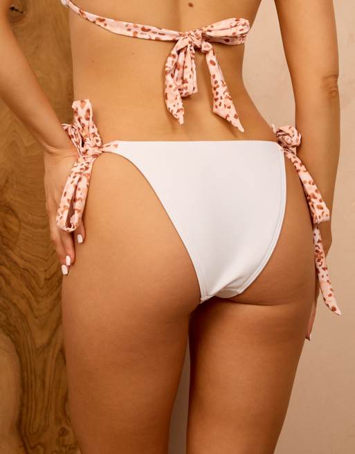 Wolf & Whistle X Isabella Whittingham side tie bikini bottoms with leopard contrast straps in white, 4 of 4