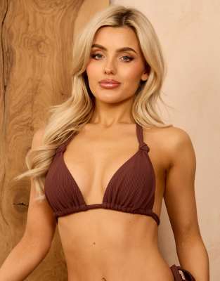 Wolf & Whistle X Isabella Whittingham Textured Knot Trim Triangle Bikini Top In Brown
