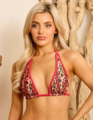 X Isabella Whittingham - Triangel-Bikinioberteil mit rotem Kontrastdetail und Leopardenmuster-Mehrfarbig Mehrfarbig 12E-F