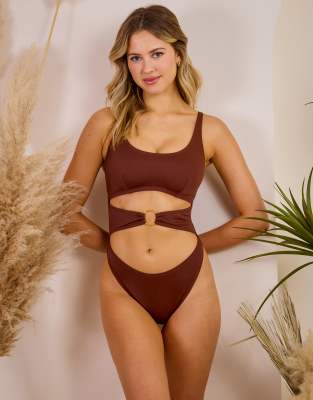 Wolf & Whistle X Maia Andrews Cut-out Ring Front Swimsuit In Brown