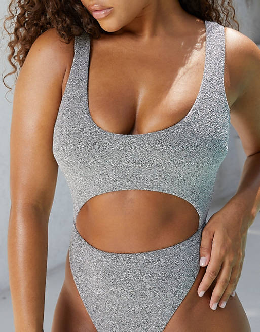 Wolf & Whistle x Malaika Terry Fuller Bust Exclusive cut out swimsuit in  metallic silver