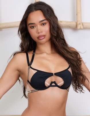 Wolf & Whistle X Michelle Domingos illusion net and micro cut out bra in black