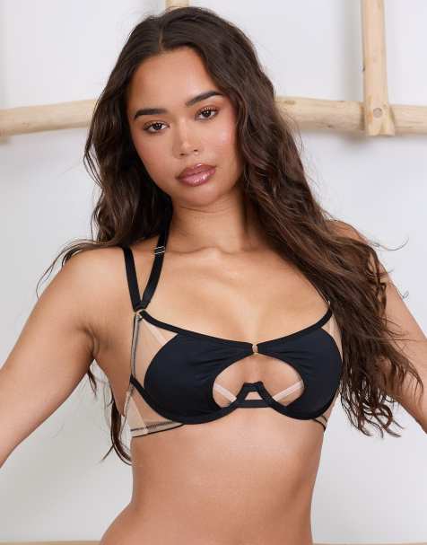 Wolf & Whistle X Michelle Domingos illusion net and micro cut out bra in black - view 1