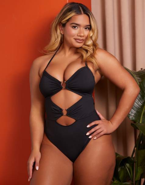 Wolf & Whistle x Natalie Gessey Coppe Grandi - Costume da bagno nero allacciato al collo con cut-out e dettagli dorati - view 1