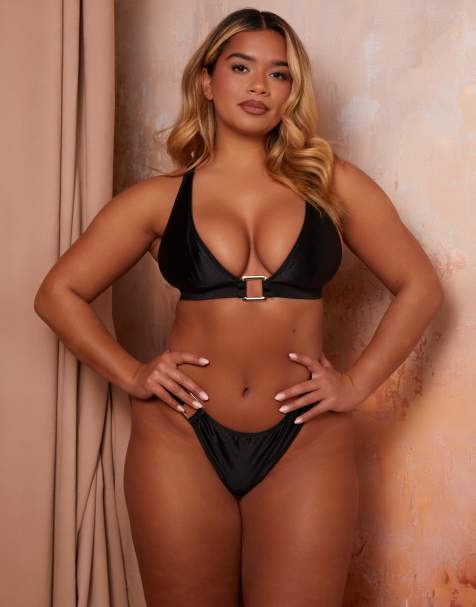 Wolf & Whistle x Natalie Gessey Coppe Grandi - Slip bikini neri con dettagli dorati - view 1