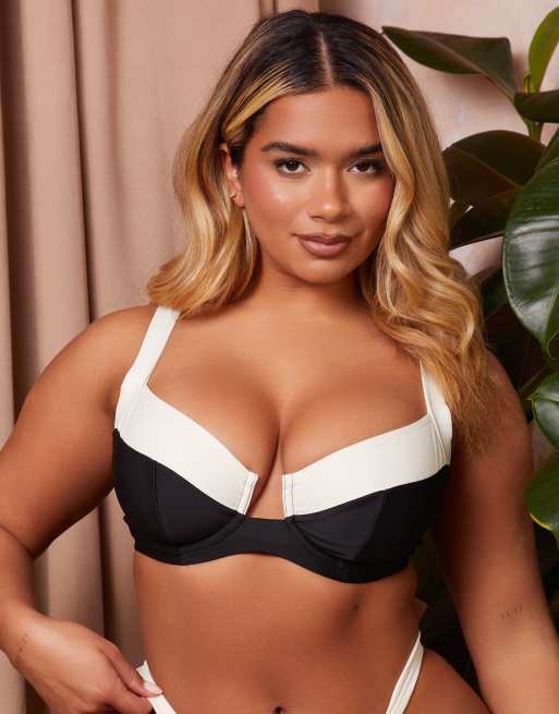 Wolf & Whistle x Natalie Gessey Coppe Grandi - Top bikini bianco e nero con dettagli a contrasto e ferretto