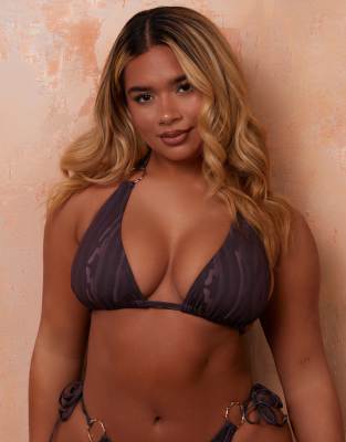 Wolf & Whistle Wolf & Whistle X Natalie Gessey Fuller Bust bikini top in animal print with gold ring detail-Brown