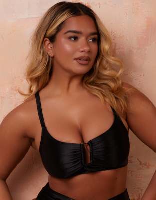 Wolf & Whistle Wolf & Whistle X Natalie Gessey Fuller Bust bikini top with gold ring detail-Black