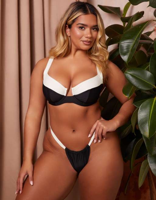 Wolf & Whistle x Natalie Gessey Fuller Bust – Czarno-biały dół od bikini z kontrastowymi elementami