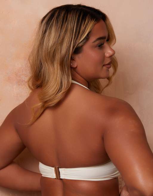 Wolf & Whistle X Natalie Gessey Fuller Bust gold trim detail bikini top in cream, 2 of 4