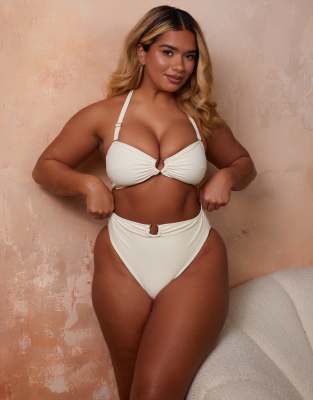 Wolf & Whistle X Natalie Gessey Fuller Bust high waist bikini bottom with gold trim detail in cream-White