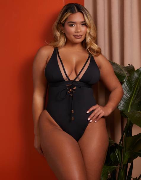Wolf & Whistle X Natalie Gessey Fuller Bust plunge swimsuit in black with mesh and tie details - view 1