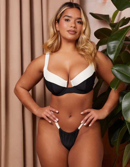 Wolf & Whistle x Natalie Gessey Fuller Bust underwire bikini top in black and white with contrast detail, 4 of 4