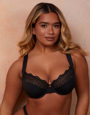 Wolf & Whistle Wolf & Whistle X Natalie Gessey Fuller Bust underwire bikini top in black with lace detail