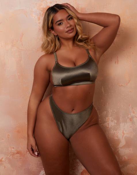 Wolf & Whistle x Natalie Gessey high waist bikini bottoms in green - view 1