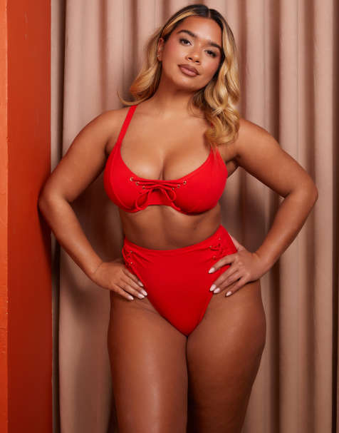Wolf & Whistle x Natalie Gessey high waist bikini bottoms in red with tie detail - view 1