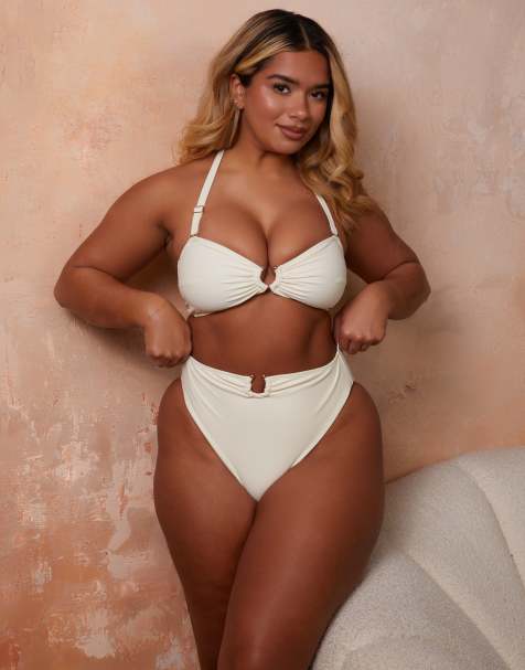 Wolf & Whistle x Natalie Gessey high waist bikini bottoms with gold trim detail in cream - view 1