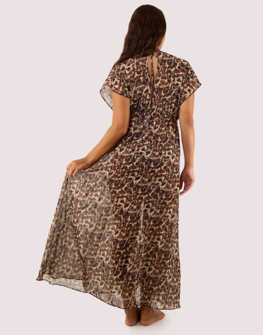 Wolf & Whistle Zarah animal print georgette long beach kaftan in animal print, 2 of 3