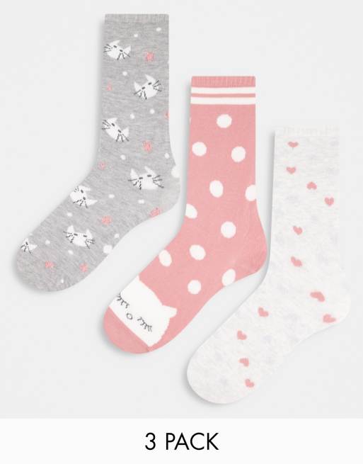 Women'secret 3 pack crew socks with cat and spot print in multicolor