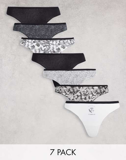 Women'secret 7 pack cotton thongs in monochrome flower and spot