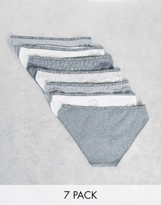 Women'secret – 7er-Pack Slips in Grautönen mit „Cat Lover“-Slogan