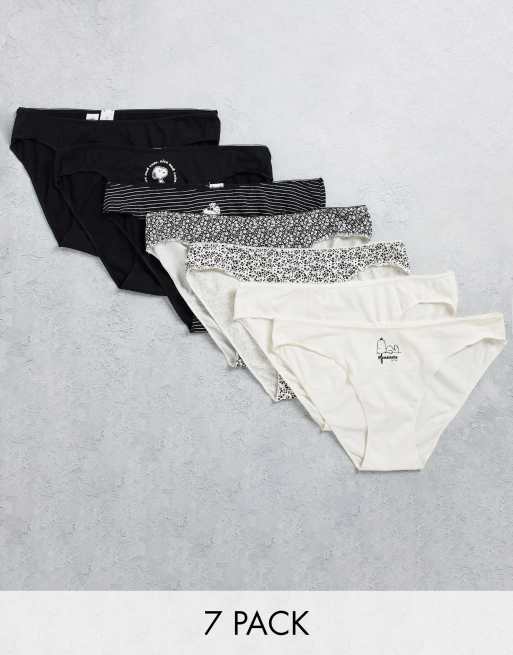 Women'secret - Confezione da sette paia di slip con stampa di Snoopy, colore nero