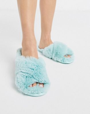 Women'secret cross over fluffy slippers in blue
