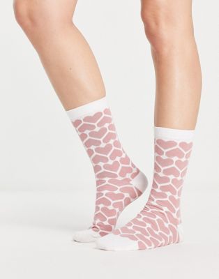 Women'secret heart print ankle socks in cream/pink