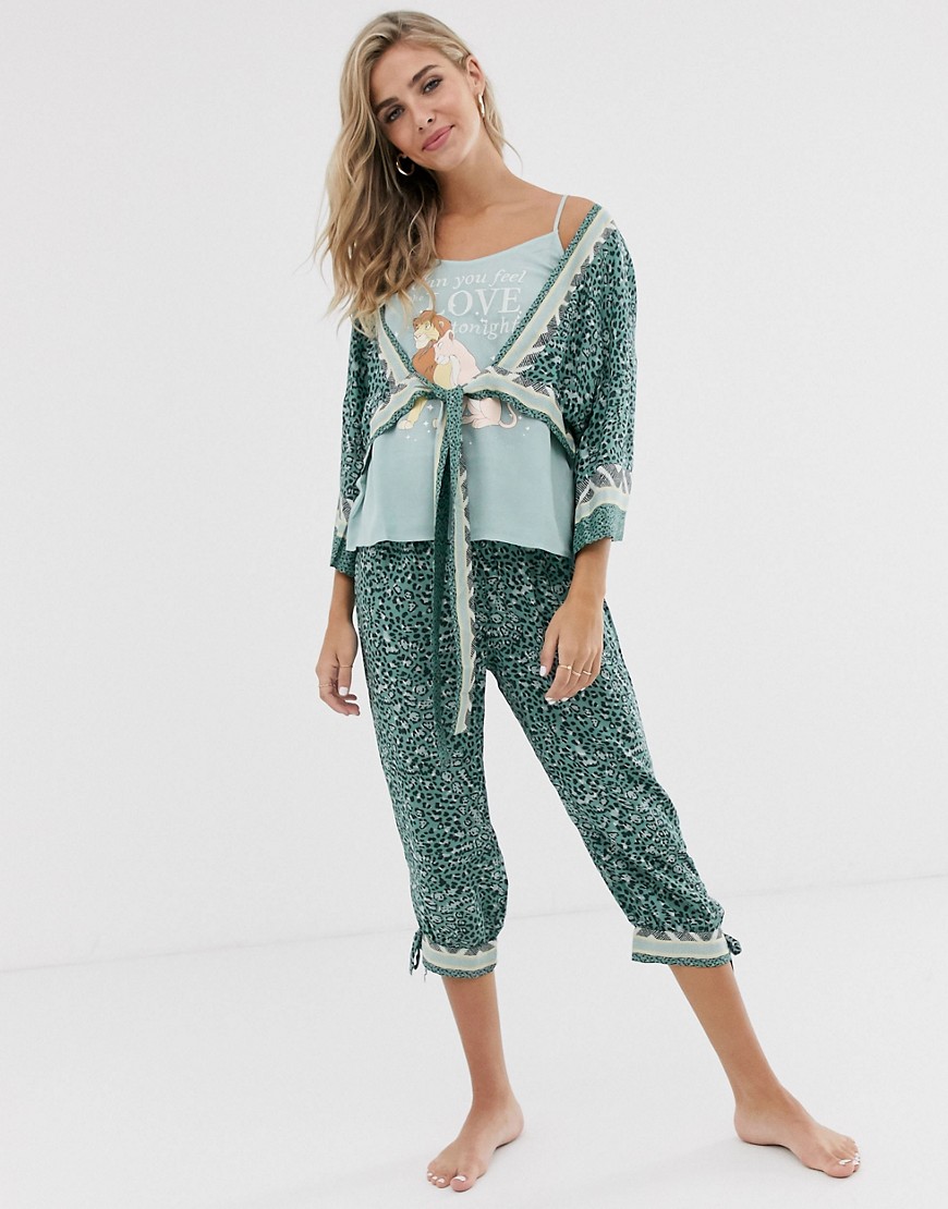 Womens'ecret - Lion - Capribroek, cami en badjas pyjamaset met print-Groen