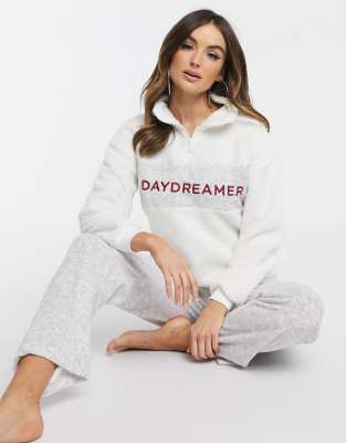 Women'secret  Daydreamer  Loungewear-Set aus Teddyfleece in Vanille-Weiß Weiß