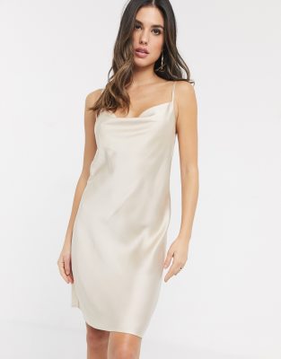 beige satin slip dress