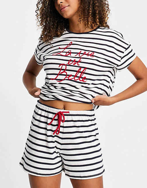 Women'secret organic cotton stripe slogan t-shirt and short set in navy / white