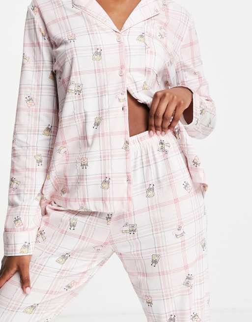 Women'secret - Pigiama con rever rosa a quadri con stampa di Spongebob e Patrick, 3 di 4