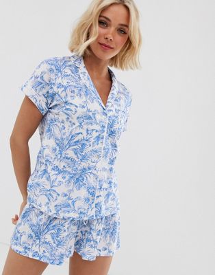 Women'secret - Pyjamaset met korte mouwen en jungleprint in wit met blauw