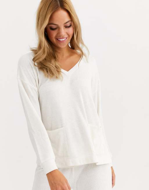 Women'secret rib jersey oversize lounge top with pockets in sand