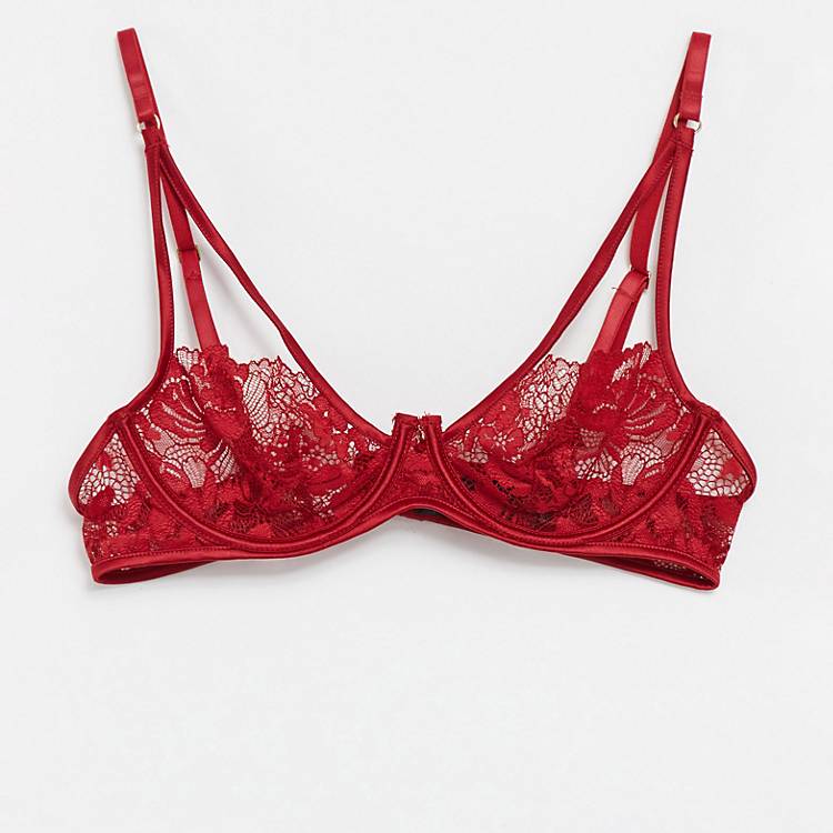 Women'secret sheer lace exposed wire bra in red