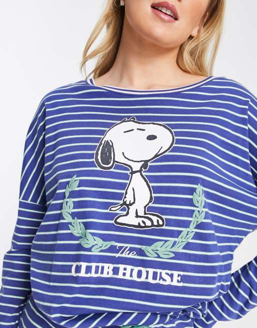 Women'secret snoopy club house motif long pajama in blue stripe | ASOS