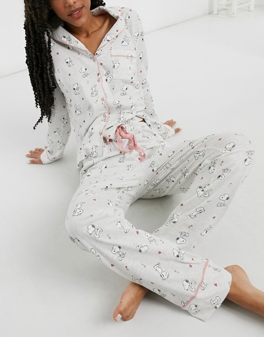 Women'secret Snoopy printed jersey revere pyjama set in oatmeal