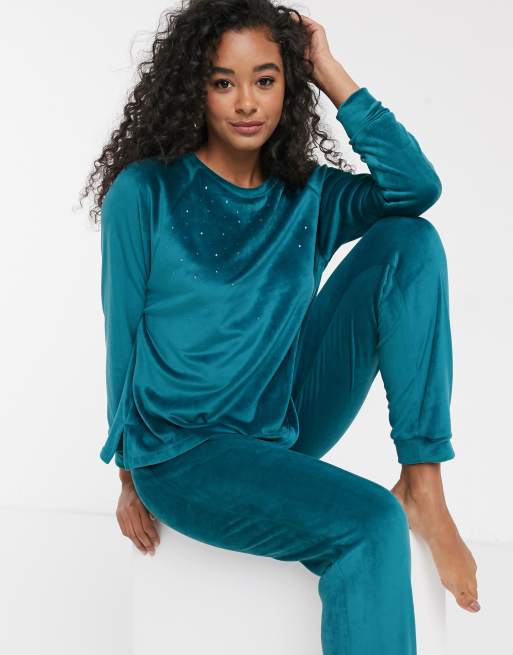 Women secret velour pearl detail loungewear set in green ASOS