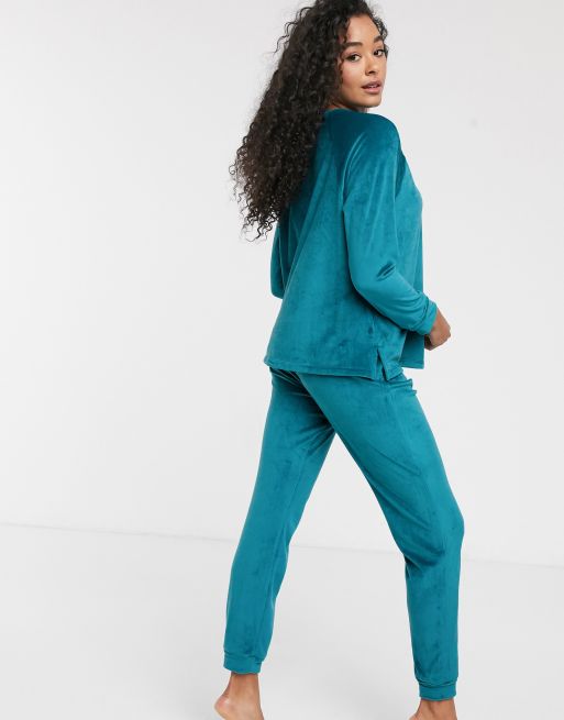 Women secret velour pearl detail loungewear set in green ASOS