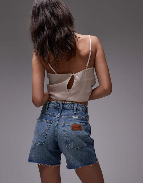 Wrangler - 5-tommer cowboyshorts med flosset kant i blå mellemvask - view 1