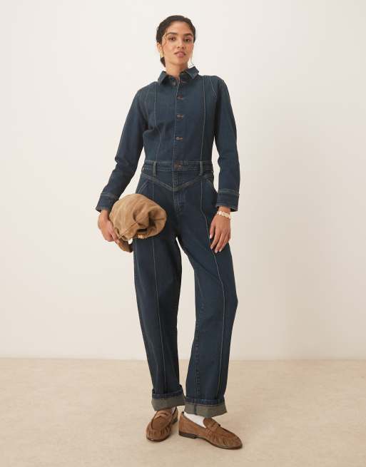 Wrangler barrel leg western jumpsuit in dark wash blue